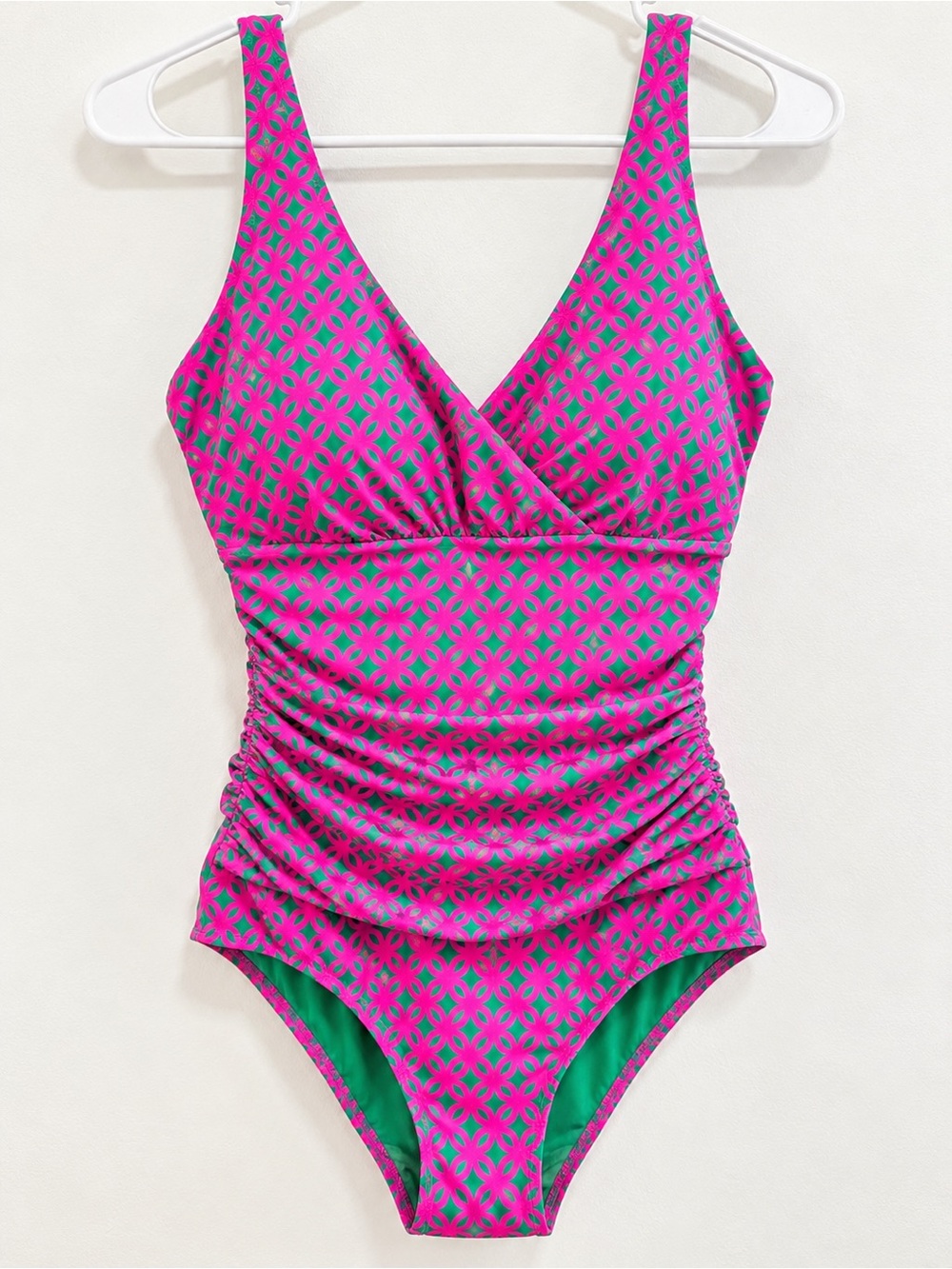 Boden One Piece Swimsuit Women’s 6L Long Pink Green Geometric Ruched V Neck
